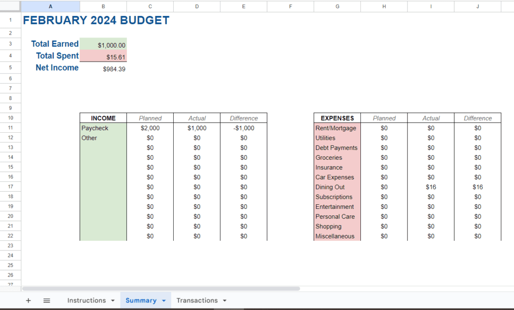 Excel spreadsheet - simple budget template